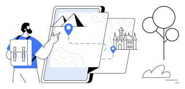 Güzergah, dağ ve kale işaretli dijital haritayı gösteren bir sırt çantası. Macera planlaması, seyahat, turizm tanıtımı, navigasyon uygulamaları, yürüyüş, keşif keşfi için ideal basit iniş