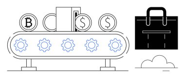 Taşıyıcı bant, otomasyonu simgeleyen dişli dişli dişli dişli dişli dişli bozuk paraları ve cüzdanı hareket ettirir. Siyah çanta iş, finans ve ödemeyi temsil ediyor. Otomasyon, fintech, yatırım fikirleri, kripto için ideal