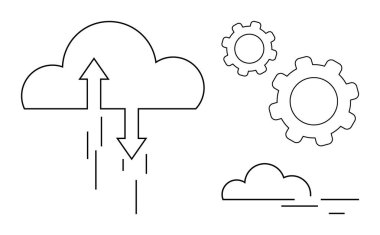 Okları olan bulut veri transferini, sistem entegrasyonunu ve basit bulut anahatlarını sembolize ediyor. Teknoloji, yenilik, sistem yönetimi, bulut çözümleri, web hizmetleri, bilişim için ideal