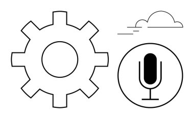 Geniş teçhizat, daire şeklinde mikrofon, çizgileri olan minimum bulut. Teknoloji, yaratıcılık, yenilik, podcast, otomasyon, iletişim için ideal basit iniş sayfası
