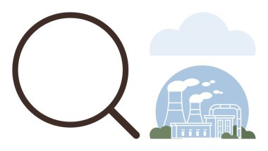 Büyük büyüteç fabrika yakınlarında mavi gökyüzü ve bulutlarla duman yayıyor. Kirlilik, endüstri, çevre, teftiş, izleme, sürdürülebilirlik, kalite kontrolü için ideal. Basit düz metafor