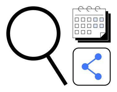 Büyüteç, işaretli tarihli takvim ve paylaşım simgesi arama, zamanlama ve bilgi alışverişini vurguluyor. Organizasyon, araştırma, bağlantı, ağ iletişimi için ideal