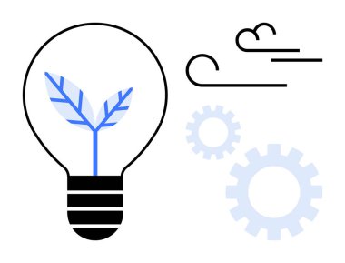 Bitki, mavi dişli ampul ve temiz enerji, büyüme ve yenilikleri temsil eden rüzgar çizgileri. Sürdürülebilirlik, teknoloji, yaratıcılık, doğa enerjisi yenilenebilir kaynaklar için ideal ekoloji