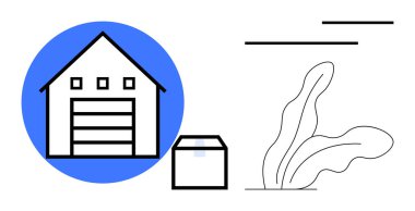 Depo binası, teslimat kutusu, dekoratif fabrika ve temiz bir planda soyut çizgiler. Lojistik, depolama, teslimat, depolama perakende tedarik zinciri için ideal. Basit bir düz metafor.