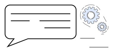 Metin satırları birbirine bağlı vites simgeleriyle eşleştirilmiş sohbet balonu. Takım çalışması, iletişim, problem çözme, iş akışı, verimlilik, beyin fırtınası ve görselleştirme için ideal. Temiz daire