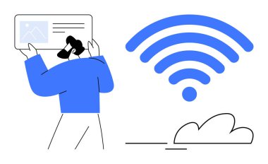 Adam mavi bir kablosuz sinyal ikonu ve bulut grafiğinin yanında dururken dijital içerik kartı tutuyor. Teknoloji, internet, bağlantı, bulut depolama, dosya paylaşımı, uzaktan çalışma, dijital
