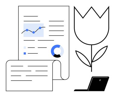 Haritalar, grafikler ve turta grafikleri bir dizüstü bilgisayar ve çiçeğin yanında. İş dünyası için ideal, yeşil ekonomi, analitik, ekoloji, büyüme araştırma yeniliği. Basit düz metafor özellikleri