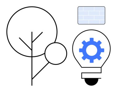 Asgari çizgileri olan ağaç, içinde yenilikleri temsil eden ekipman bulunan ampul ve yapı için tuğla desen. Sürdürülebilirlik, yaratıcılık, eko-teknoloji, esneklik, problem çözme, kentsel