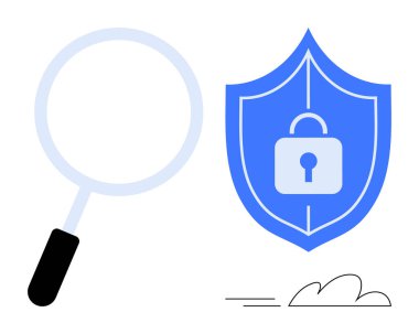 Güvenlik, mahremiyet, teftiş, güven ve güvenilirliği ön plana çıkaran büyüteç ve kalkan. Siber güvenlik, veri koruması, dijital güvenlik, uyum analizi şifrelemesi için ideal