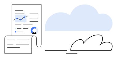 Bulutların yanında grafikler ve çizelgeler olan mali rapor. Veri yönetimi, analitik, bulut depolama, finans, üretkenlik, teknoloji, ağ kurmak için ideal. Basit düz metafor