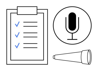 Kontrol listeli pano, dairesel çerçeveli mikrofon, teleskop sağa açılı. Organizasyon için ideal, iletişim, keşif, yaratıcılık, vizyon, strateji basit iniş sayfası