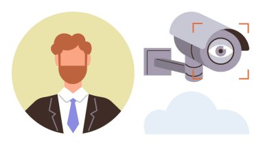 Bir güvenlik kamerasının yanında profil olarak çerçevelenmiş bir iş adamı. Gözlem, gözetleme, gizlilik endişeleri ve veri korumasını sembolize ediyor. İzleme, güvenlik ve teknoloji için ideal