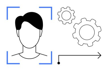 Tanınma çerçevesinin içindeki yüz profili, dişlilere bağlı, teknolojiyi temsil eden, otomasyon, güvenlik, makine öğrenme, yenilik. Yapay zeka ve biyometrik işlem için ideal siber güvenlik teknolojisi