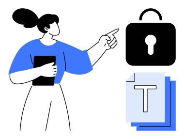 Elinde tablet olan ve kilitli belgelere bakan bir kadın. Güvenlik, gizlilik, veri depolama, çevrimiçi güvenlik, şifreleme, güvenli paylaşım ve basit bir iniş sayfası için ideal