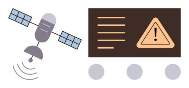 Uydu sinyalleri bir uyarı sembolü ve metin gösteren bir ekranla eşleştirildi. Uzay iletişimi, teknoloji, navigasyon, güvenlik, alarmlar, veri izleme ve analiz için ideal. Basit düz