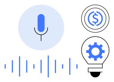 Ses dalgaları, bozuk para ve bir ampulün içindeki teçhizatla çevrili bir mikrofon. Ses tanıma, finans, yenilik, dijital araçlar, teknoloji üretkenliği yapay zekası için idealdir. Temiz daire