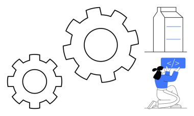 Kadın, programlamayı, geliştirmeyi, otomasyonu, teknolojiyi, sistem entegrasyonunu ve problem çözmeyi temsil eden sunucu kulesiyle kod yazıyor. Teknoloji ve bilişim şirketleri için ideal.