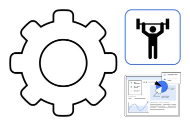 Tamirciler için vites sembolü, güç için beden eğitimi ikonu ve veri için analitik gösterge paneli. Fitness, üretkenlik, mühendislik, analitik, iş, sağlık sade iniş sayfası için ideal