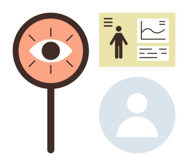 Büyüteçteki göz, kullanıcı profili çemberi ve analizli veri tablosu. Vizyon, analiz, güvenlik, kimlik, araştırma izleme ve veri içgörüsü için ideal. Basit düz metafor