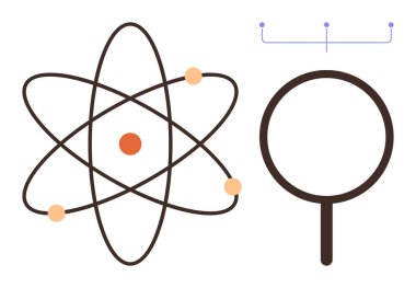 Yörüngede dönen parçacıklar ve büyüteçle yapılan atomik yapı keşif, araştırma ve öğrenmeyi vurguluyor. Bilim, teknoloji, yenilik, eğitim, analiz, soruşturma için idealdir.