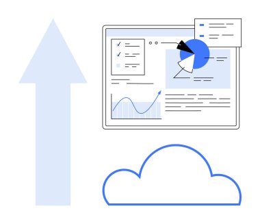 Ok ve bulutun yanında çizelgeler, raporlar ve analizlerle etkileşimli gösterge paneli. Veri içgörüsü, iş büyümesi, bulut depolama, analitik, strateji, finans ve basit iniş sayfası için ideal