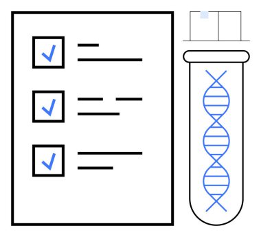 Üzerinde mavi kene izleri olan kontrol listesi DNA sarmalı içeren bir test tüpünün yanında. Bilim, araştırma, genetik, tanı, laboratuvar çalışması, biyoteknoloji, moleküler biyoloji, basit düz metafor