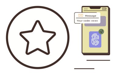 Yıldız derecelendirme ve parmak izi taraması ile akıllı telefon ve veri güvenliği için güvenli kod mesajı. Kullanıcı kimlik denetimi, siber güvenlik, gizlilik, mobil uygulamalar, güvenli erişim, dijital güvenlik, basit