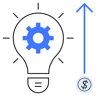 İçinde teçhizat olan ampul yeniliği temsil ediyor. Bitişik yükselen ok ve dolar işareti finansal büyümeyi simgeliyor. Başlangıç için ideal başarı, iş büyümesi, yenilik, strateji
