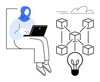 Kadın dizüstü bilgisayara, engelleme ağı şemasına ve fikir üretmek için ampule odaklanmış. Teknoloji, yenilik, uzak çalışma, engelleme zinciri, ağ beyin fırtınası ve modern çözümler için ideal. Basit düz