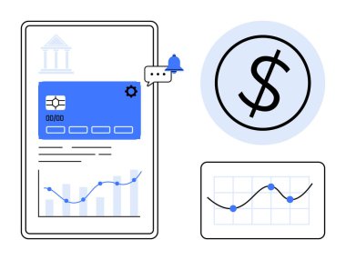 Kredi kartı, işlem bildirimleri, analitik çizelgesi ve dolar işaretli online finans araçları. Bankacılık, dijital cüzdan, fintech, ödeme işleme, e-ticaret yatırım tasarrufu için ideal