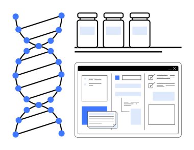 DNA sarmal yapısı, araştırma şişeleri ve genetik, araştırma, biyoteknoloji, analiz, ilaç geliştirme ve dijital işbirliği çalışmalarını temsil eden dijital veri arayüzü. İdeal