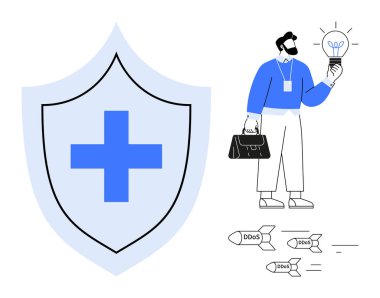 Sağlık haçlı kalkan, takım elbiseli siber güvenlik uzmanı parlayan ampul, DDoS füzeleri. Siber güvenlik, problem çözme, yenilik, koruma, teknoloji risk yönetimi güvenliği için idealdir. Basit.