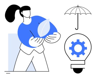 Çevre koruma için bir yaprak tutan kadın koruma için minimalist şemsiye ve yenilik için teçhizatlı bir ampul. Sürdürülebilirlik, ekolojik çözümler, koruma ve yenilik için ideal