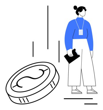 Düşen büyük paraların yanında profesyonel giysili bir pano tutan kadın. İş, finans, kariyer, ekonomi, yatırım, liderlik, karar verme için idealdir. Minimalist düz metafor
