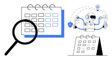 Büyütme cam inceleme takvimi, robot yönetim görevleri otomasyonu, verimliliği ve verimliliği temsil eden birbirine bağlı semboller. Zaman yönetimi, yapay zeka, teknoloji ve verimlilik için ideal