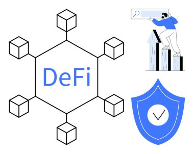 DeFi ile engelleme ağı, kullanıcı büyüme grafiği, kontrol işaretli kalkan. Finans, engelleme zinciri, güvenlik, yatırım, veri koruma yeniliği teknolojisi için idealdir. Basit düz metafor