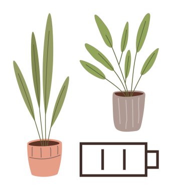 Yeşil yapraklı iki saksı bitkisi, sürdürülebilirlik, enerji, doğa ve yaşam dengesi temalarını taşıyan düşük pil ikonu ile eşleştirildi. Ekoloji, minimalizm, farkındalık, refah için ideal