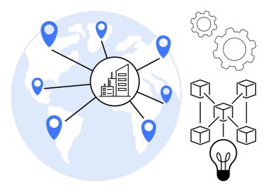 Merkezi bir merkeze bağlı yer işaretleri olan dünya haritası, blok zinciri yapısı, dişliler ve bir ampul. Küresel iş, teknoloji, tedarik zinciri, yenilik, ağ bağlantıları için ideal