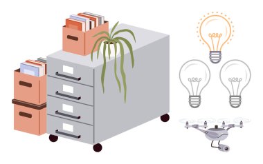 Evraklı dosya dolabı, yaratıcı bitki dekoru, insansız hava aracı, parlak ve sönük ampuller. Organizasyon için ideal, yenilik, teknoloji, yaratıcılık, beyin fırtınası iş alanı fütüristik