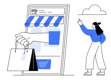 Akıllı telefon ekranında çizgili tenteli olan dijital mağaza önü, alışveriş torbaları, ve potansiyel ürünleri gösteren bir kişi. E-ticaret, perakende, teknoloji ve alışveriş eğilimleri için ideal