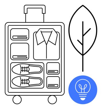 Katlanmış giysi ve ayakkabılarla dolu minimalist bavul, ekolojik bilinç yolculuğu için yaprak, sürdürülebilir yaşamı yansıtan mavi ampul. Seyahat, organizasyon, çevre dostu, paketleme ipuçları, yeşil