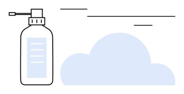Sprey şişesi yumuşak bir bulutun yanında sis yayıyor. Sağlık, hijyen, koruma, pandemik farkındalık, temizlik ürünleri, sterilizasyon, sağlık için idealdir. Basit düz metafor