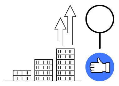 Gökdelenlere doğru büyüyen çizelge, yukarı bakan oklar, büyük büyüteç ve başparmak kaldırma simgesi. Ticari başarı, büyüme, ilerleme, analiz, başarı motivasyonu için ideal basit iniş