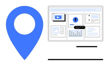 Grafikler, tablolar, bildirimler ve medya bölümlerinin yer aldığı dijital bir gösterge panelinin yanında büyük mavi konum iğnesi. Veri analizi için ideal, konum tabanlı hizmetler, coğrafi konum, dijital