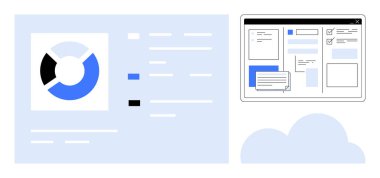 Veri dökümlü pasta grafiği, araçları gösteren web arayüzü, depolamayı ve bağlantıyı sembolize eden bulut ögesi. Analiz, iş akışı, bulut hesaplama, işbirliği, iş, teknoloji için ideal