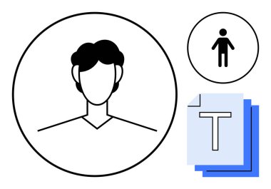 Minimalist kafa-omuz profili, insan figürü ikonu ve belge yığını. Profil, kimlik, kullanıcı yönetimi, hesap kurulumu, organizasyon, belgeler için ideal basit iniş sayfası