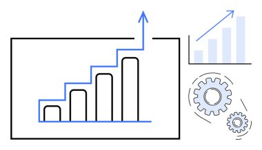 Yukarı doğru ok, daha küçük grafik ve büyüme, strateji ve verimliliği gösteren vitesler. İş, ilerleme, analitik, takım çalışması yeniliği için ideal basit düz metafor planlama