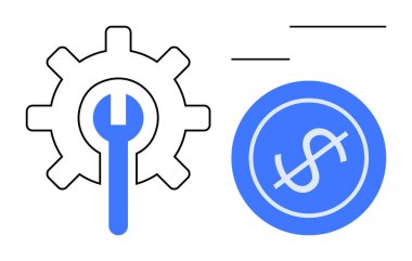 İngiliz anahtarı, teknik optimizasyonu simgeleyen vites, madeni parayı gösteren para. İş, mühendislik, finans, yatırım, hizmet, teknoloji maliyet verimliliği için ideal. En düşük düz