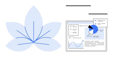 Çiçekten esinlenilmiş soyut tasarım, çizelgeler, diyagramlar ve verilerin yer aldığı bir analitik gösterge paneliyle eşleştirildi. Yaratıcılık, yenilik, dijital çözümler, veri yönetimi, modern arayüz için ideal