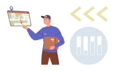 Kurye paketini tutuyor ve arayüz elemanlarıyla çevrili konumunu haritaya işaret ediyor. Lojistik, dağıtım hizmeti, teknoloji, verimlilik, planlama, e-ticaret, basit bir daire için ideal